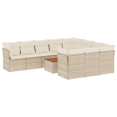 vidaXL 11 Piece Patio Sofa Set with Cushions Beige and Cream Poly Rattan - 6x Middle 4x Corner Table