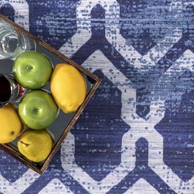 SustainaBlue 6' x 9' Geometric Washable Synthetic Area Rug