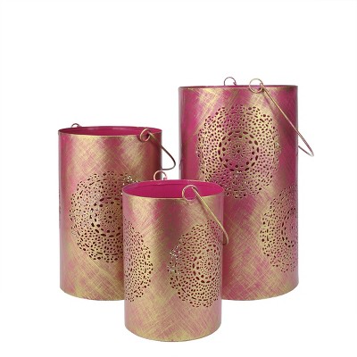 Northlight Set of 3 Fuchsia Pink and Gold Decorative Floral Cut-Out Pillar Candle Lanterns 10"