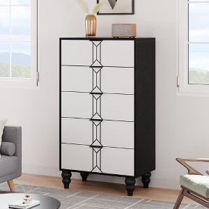 Modern Wooden 5 Drawer Dresser with Vintage Pattern Design, Tall Dresser with Deep Drawers - 1 of 4