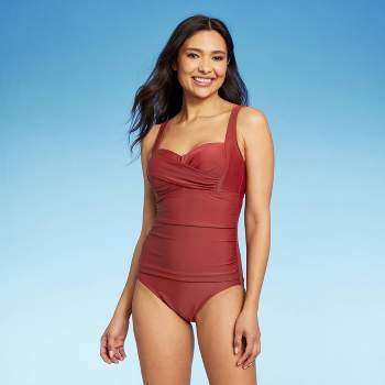 Women's Ring Crossover Ruched Full Coverage One Piece Swimsuit - Kona Sol™  Red XL - Yahoo Shopping