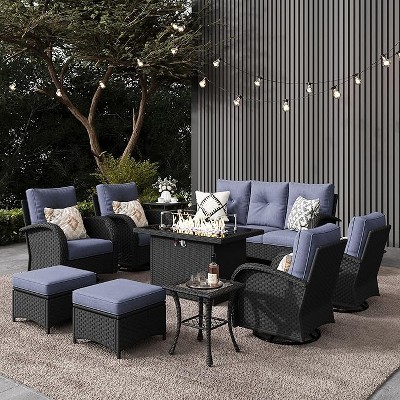 LayinSun Outdoor Patio Furniture Set, Black Rattan Wicker Sectional Swivel Rocker Chairs Sets