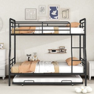 Full XL Over Queen Metal Bunk Bed with Twin Size Trundle, Black - 1 of 4