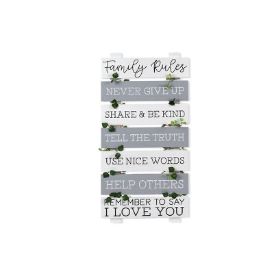 12" x 24" Family Rules Plank with Greenery Wall Art White - Prinz