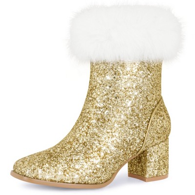 BLISSFUL STEP Women's Faux Fur Glitter Square Toe Chunky Heel Ankle Boots