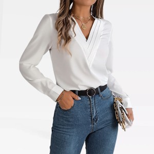 Womens Dressy Tops Long Sleeve Shirts Gather Cuffed Sleeve Elegant V Neck Blouse Business Office Tops Womens Wear To Work Outfits - 1 of 4