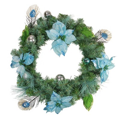 Christmas Wreath With Poinsettia and Peacock Ribbons