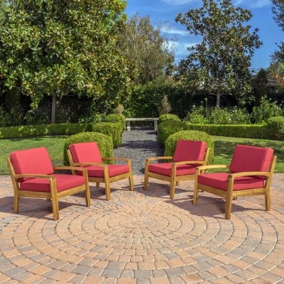 Set of 4 Outdoor Acacia Wood Patio Club Chairs with Water-Resistant Cushions, Outdoor Chair with Slat Panel Design for Garden or Deck-Coolbibila