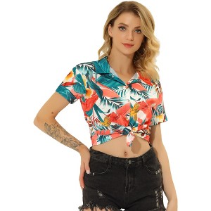 Allegra K Women's Hawaiian Button Down Floral Leaves Beach Short Sleeve Top - 1 of 4