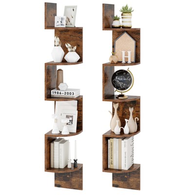 Tangkula 2pcs 5-Tier Corner Shelf Wall Mount Floating Corner Bookshelf Industrial Corner Ladder Shelf