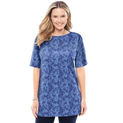 Woman Within Plus Size Perfect Printed Short-Sleeve Boatneck Tunic