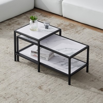 Modern Nesting Coffee Table, Black Metal Frame, Wooden Marble Color Top ...
