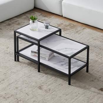 Modern Nesting Coffee Table, Black Metal Frame, Wooden Marble Color Top - ModernLuxe
