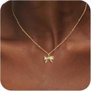 14K Gold Plated Necklace for Women Necklace Cute Small Tiny Bow Pendant Choker Chain Necklace - 1 of 4