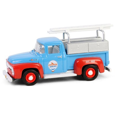 1956 Ford F-100 Pickup Truck with Tool Boxes and Ladders "Chevron" Blue and Red 1/64 Diecast Model Car by Greenlight