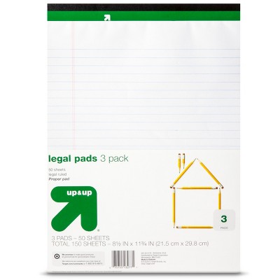 3pk Legal Pads 50 Sheets/Pack - up&up™: White & Yellow, 8.5x11 Inch, Law Ruled, Tape Binding, Back-To-School Essentials