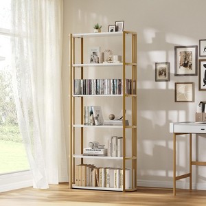 6 Tier Industrial Bookshelf, 71 Inch Tall Narrow Wooden Bookcase with Iron Frames, Compact Open Display Shelving Unit, Apartments - 1 of 4