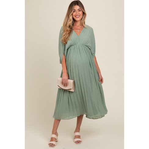 PinkBlush Light Olive Pleated V Neck Maternity Maxi Dress - image 1 of 4