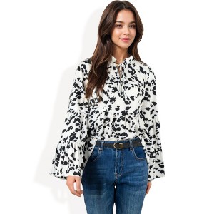 Anna-Kaci Women's Ruffle Trim Tiered Blouse with Bow Tie Neckline and Bell Sleeves Casual Top - 1 of 4