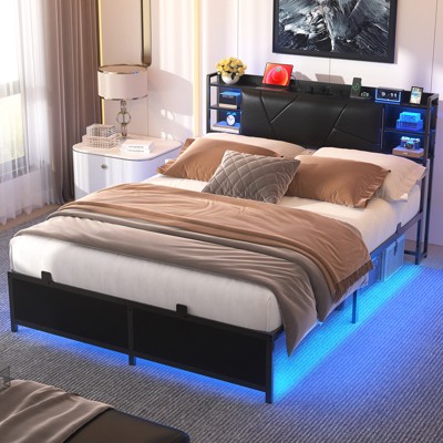 Aheaplus Bed Frame with Upholstered Storage Headboard and Charging Station