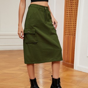 KOJOOIN Women's Utility Denim Midi Skirt Washed Stretch A-Line Workwear Button Down Skirt - 1 of 4
