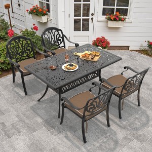 Hzzkey 5-Piece Cast Aluminum Patio Dining Set with Brown Cushions and Umbrella Hole, Black - 1 of 4