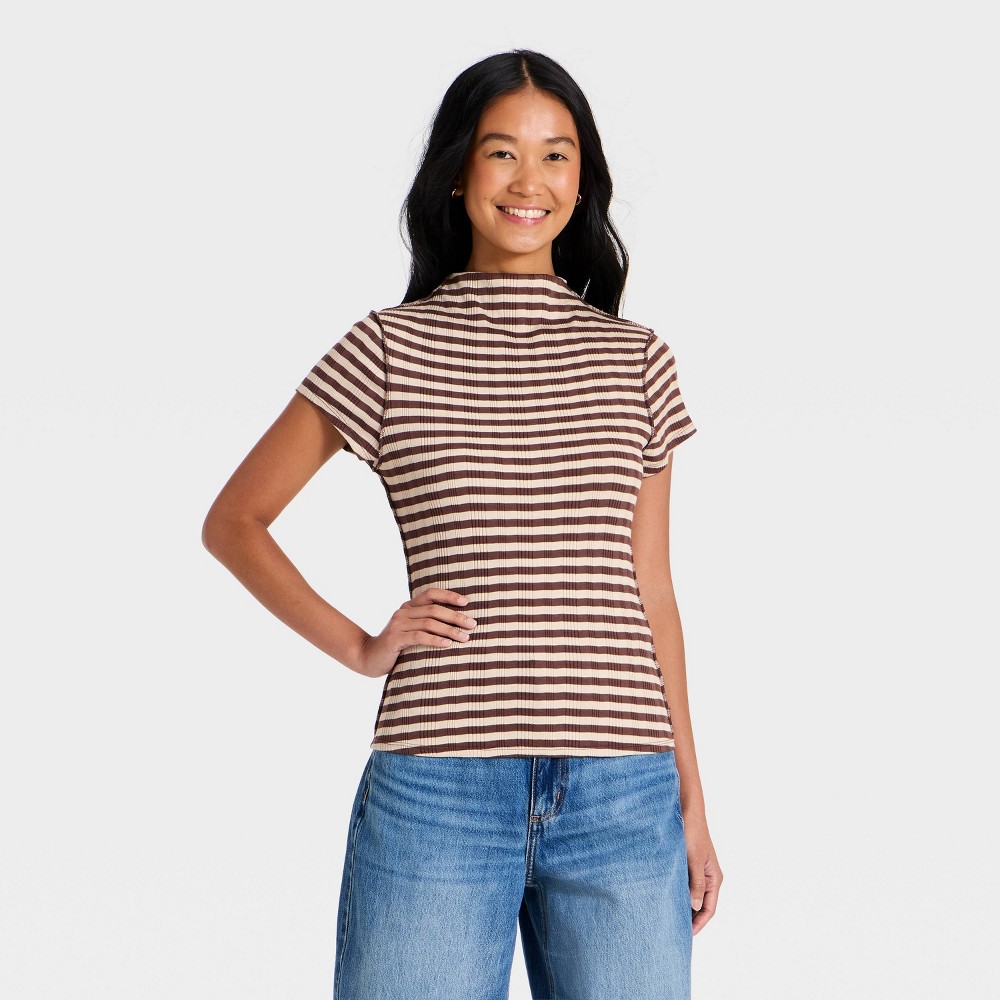 Women's Short Sleeve Turtle Mock Neck T-Shirt - Universal Thread™ Brown Striped XS