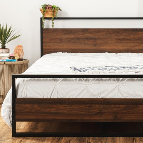 wood frame queen platform bed frame with headboard