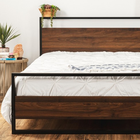 Metal Wood Platform Queen Bed Frame, Wood Iron Bed Headboard