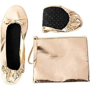 Rose Cheeks Women's Foldable Ballet Flats Roll up Shoes with Pouch, Gold, M, US 7 - 8 - 1 of 4