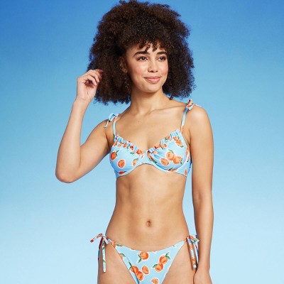 Women's Orange Print Tie Shoulder Underwire Bikini Top - Wild Fable™ Blue  XXS