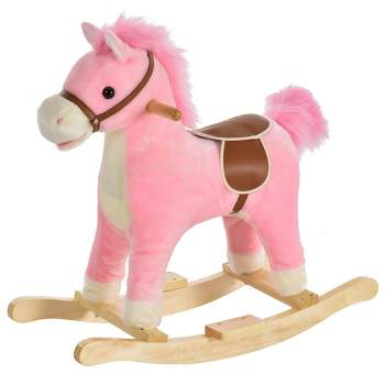 Qaba Rocking Horse Plush Animal on Wooden Rockers with Sounds, Wooden Base, Baby Rocking Chair for 36-72 Months, Pink