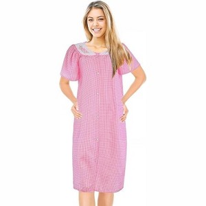 JEFFRICO House Dresses for Women with Pockets - Lightweight Breathable Short Sleeve Muumuu & Nightgowns Snap Front Housecoat Dusters - 1 of 4
