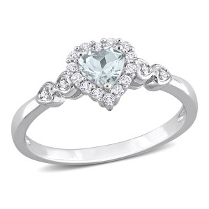 EVERLY JEWELRY | Sterling Silver 1/2ct TGW Heart Shaped Aquamarine and White Topaz with Diamond Accents Halo Promise Ring - 1 of 4