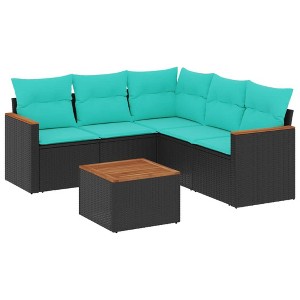 vidaXL Patio Sofa Set Black PE rattan, powder-coated steel, polyester - Black and Blue With Table - 1 of 4
