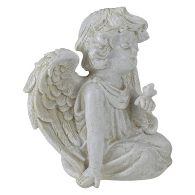 Distressed Ivory Sitting Cherub Angel with Bird Garden Statue