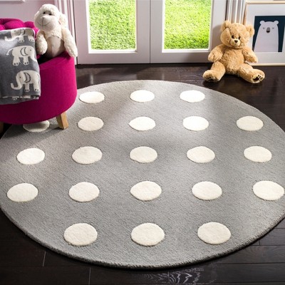 Handmade Tufted Wool Round Kids Play Rug in Grey and Ivory, 59"