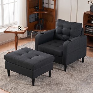Upholstered Cotton & Linen Armchair sofas with Storage Ottoman and Built-In Cup Holders - 1 of 4