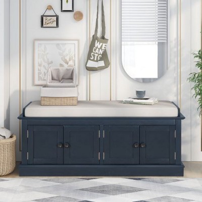 Multifunctional Storage Bench W/4 Doors, Adjustable Shelves, Shoe Bench With Removable Cushion, Entryway Ottoman Sitting Bench For Entryway, Bedroom