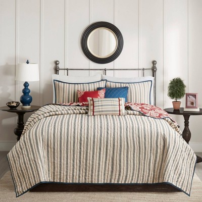 Red Cotton Twill Reversible Full Coverlet Set with Pillows
