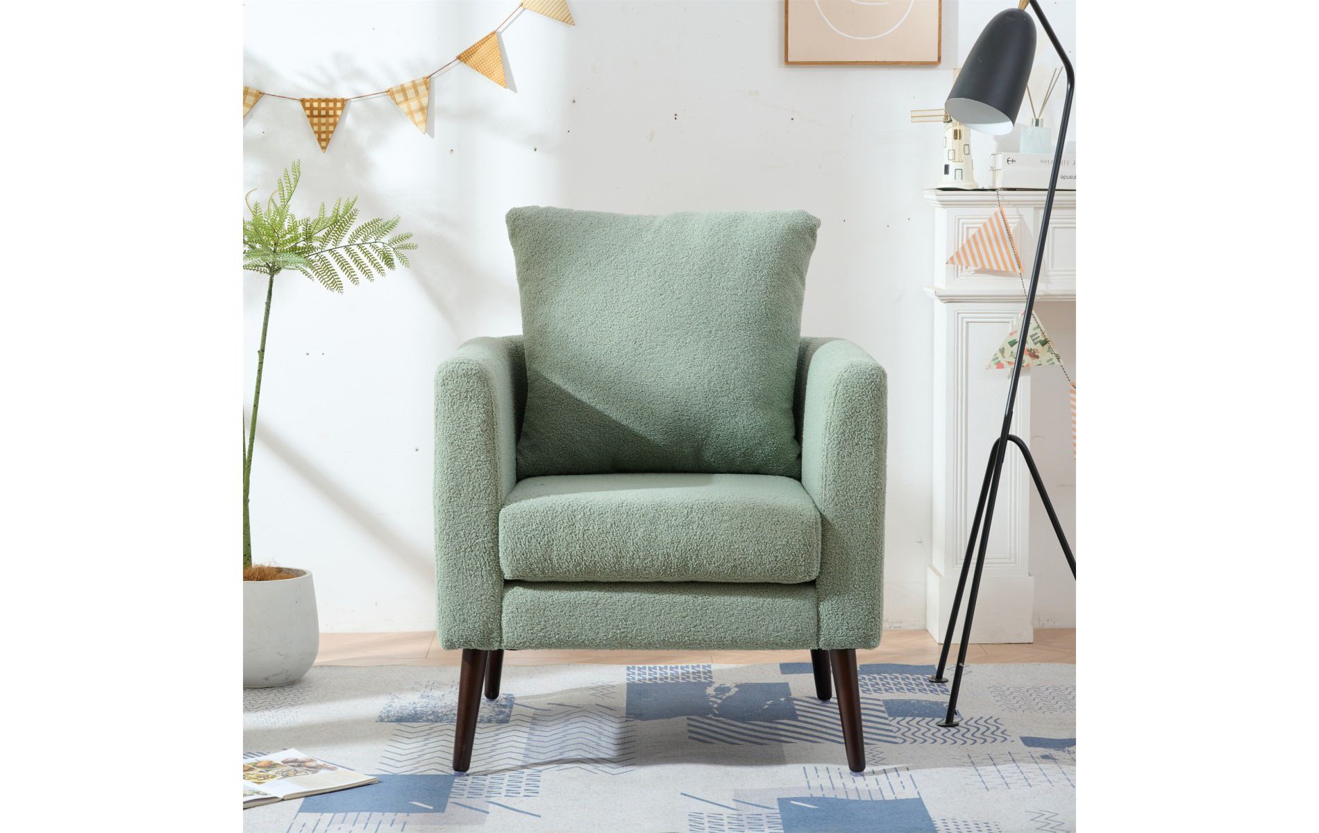 Green Barrel Chair,Chenille Accent Chair,Fabric Armchair Club Chair,Upholstered Arm Chair With Wood Legs,Waist Pillow,Padded Single Chair-Cuddlewood