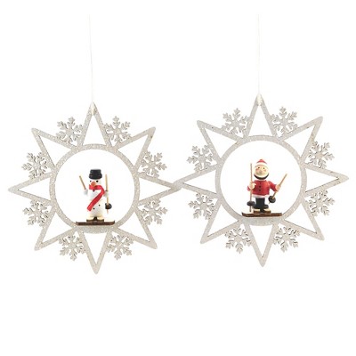 Holiday Ornament 5.5" Glittered Snowflake Ornaments Santa Snowman Skiing  -  Tree Ornaments