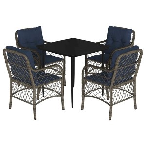 vidaXL 5-Piece Outdoor Patio Dining Set - Gray Poly Rattan with Navy Cushions, Tempered Glass Table, Powder-Coated Steel Frame - 1 of 4