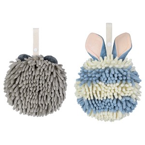 REGALWOVEN 2 Packs Fluffy Chenille Rabbit Shape Cute Soft Absorbent Hanging Ball Hand Towels 7" x 7" - 1 of 4