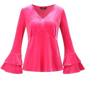 INSPIRE CHIC Women's Regular Fit V Neck Velvet Flare Long Sleeve Peplum Blouse - 1 of 4