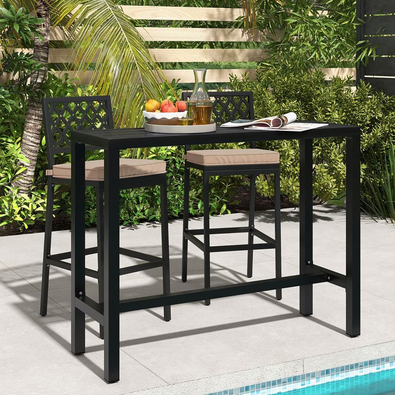 Tangkula 3PCS Outdoor Chairs & Metal Bar Table Set Patio Dining Table Set w/ Cushion, 2 of 8