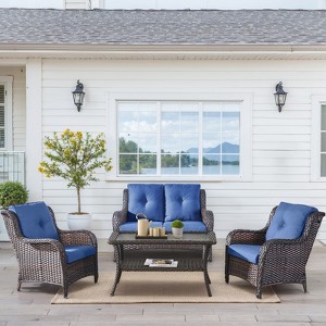 Buenhomino 4 Pieces Patio Conversation Set Outdoor Rattan Patio Furniture Set Wicker Chair with Thick Cushion and Glass Table for Patio Backyard Porch - 1 of 4