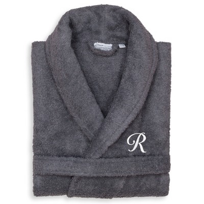 Linum Home Textiles 100% Turkish Cotton Adult Personalized Terry Bathrobe Gray in White Script Font