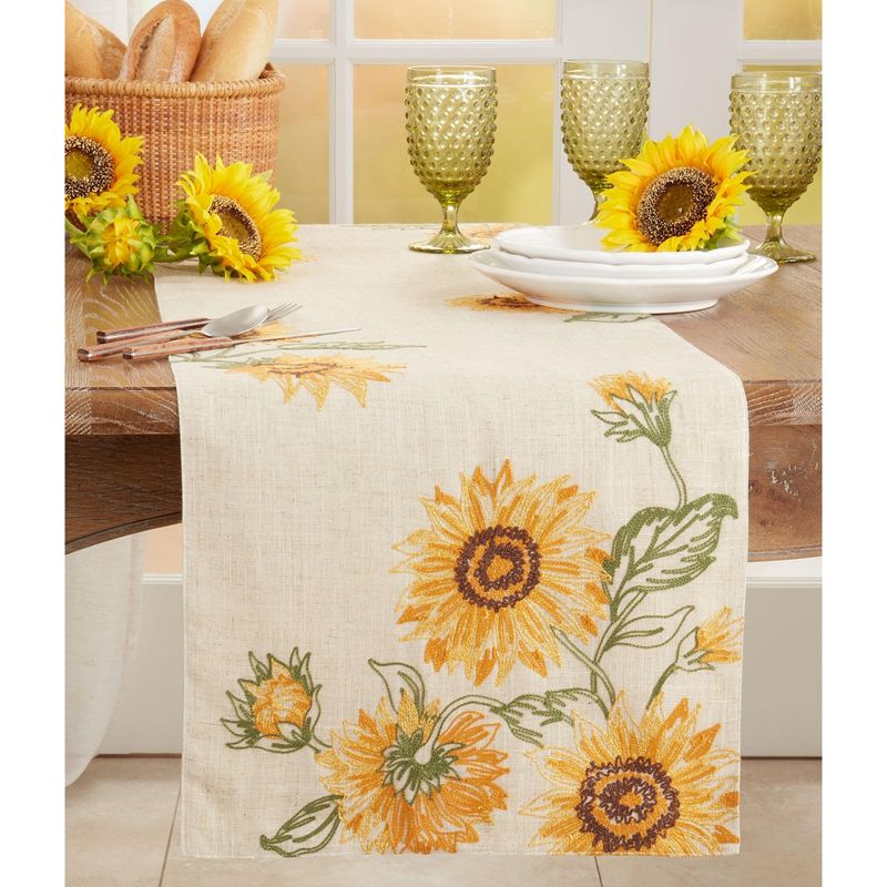 Saro Lifestyle Sunflower Design Embroidered Table Runner, Beige, 16" x 70", 3 of 4
