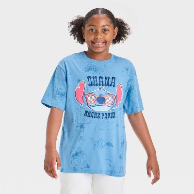 Girls' Lilo & Stitch Ohana Short Sleeve AOP Graphic T-Shirt - Blue